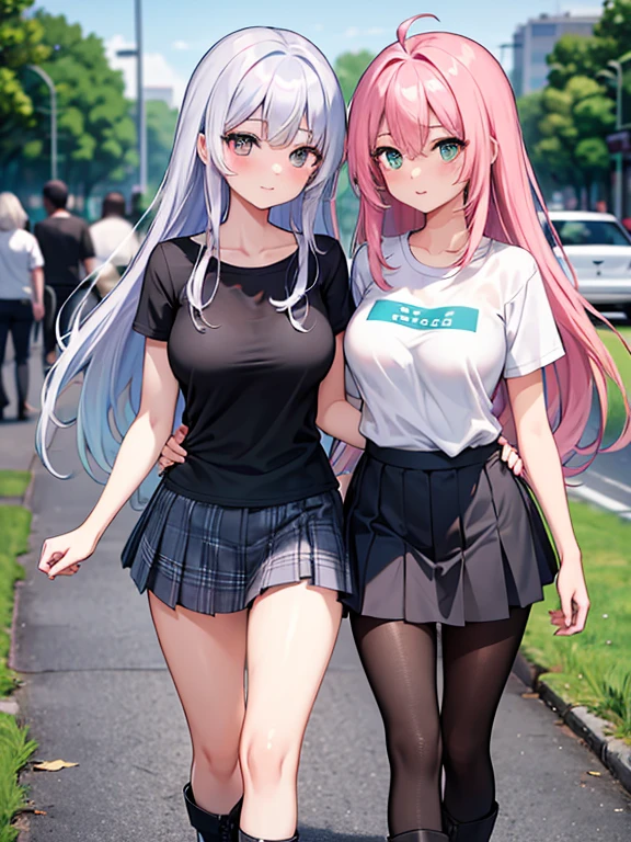 official art, masterpiece, sharp focus, (beautiful gorgeous cute Korean woman:1.3), (beautiful cute korean:1.3), korean beauty, Delicate and beautiful hair and eyes and face, realistic, ultra detailed, beautiful girl, blue sky, glow white particle, (sidelighting:1.2), sun light, white cloud, detailed clouds, slender, Lovely very large breasts and very large hips, smile with teeth, ((smile with eyes, open both eyes)), scenery, long straight hair, sexy facial expression, building, (cityscape:1.7), dynamic hair, long straight hair, detailed platinum pink hair, glow blue eyes, (blue pleated shirts + white skirt), white long socks, pale skin, hair ornament, epic scenery,