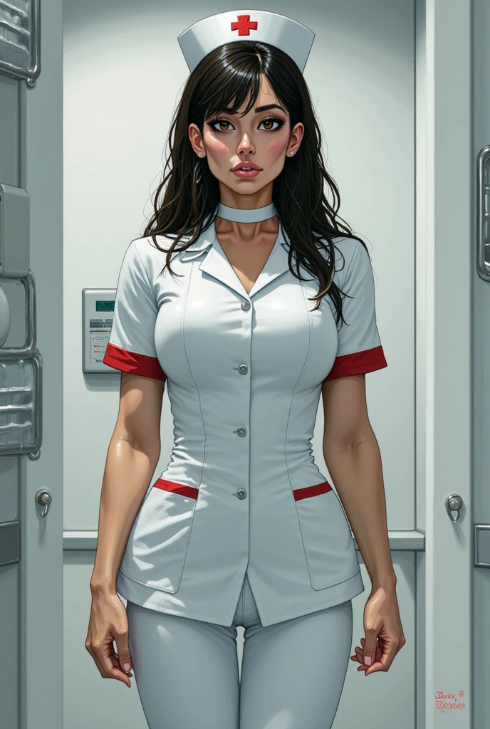 (Cowboy shot:1.5) 1 Same Girl , Perfect Beautiful , mature Face , ((korean woman)), Korean 18 Years Old , ((extra long Hair)) , ((white nurse outfit)), ((nurse cap:1.4)),Athletic Body , ((small breasts:1.5)) Extreme Detailed Portrait With Bokeh Effect , Realistic Lighting ,(long latex dress)Night Street View , Dark Vibe , (petite body:1.7) hospital , Gothic Makeup , Posing Like a Model , Look at Viewer, ((puffy lips:1.3)), cool lighting, blue street lamp light((sunset ambiance light:0.8))