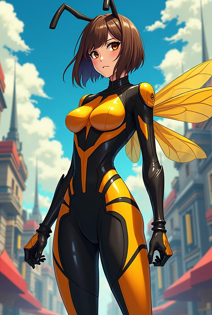 Anime Bee Queen, Black short hair, black antenna on forehead, black and yellow pattern abdomen attach to butt, sharp stinger in edge of abdomen, dark topaz color legs and dark topaz color arms, long nails, blue eyes, big breast, shiny bee wings, black and yellow bodysuit