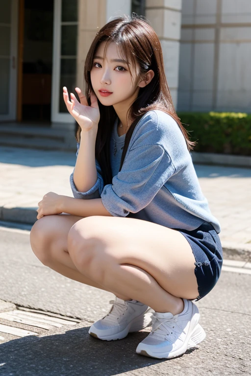 8K, Ultra-high resolution, Highest quality, masterpiece, 三分割法によるphotograph,Surreal, photograph, 1 Girl, (16 years old:1.3), pretty girl, Cute face, Beautiful eyes in every detail, 細かくdetailedに,masterpiece,One Girl:1.2, Japan Female Announcer,whole body,from below,Fearful expression,Black Hair,Messy hair,Cyber city of the near future,Wearing a cardigan sweater on your back、Girl crouching in the middle of the road, Plaid pencil skirt, High socks and black shoes,Beautiful leg line beauty,Realistic Skin, Perfect and beautiful face ,完璧でCute face, Skin with attention to detail, Perfect limbs、Narrow waist、Thin legs),Looking at the audience、beauty,Long neck、(((Ideal body type))),A cup small breasts :2,Portraiture:2,Perfect Anatomy,鮮明なdetailed,detailed,Surreal,Light and shadow,darkness