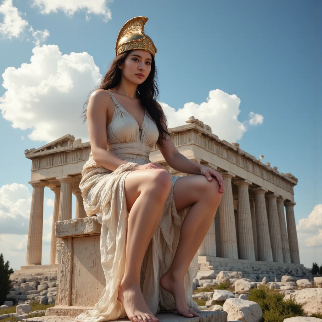 1girl in, 30 years old, Square face, Long hair, Looking at viewer, jewelry, Realistic, Sexy, Greek gods costume, temple - throne-sky-cloud , free pose