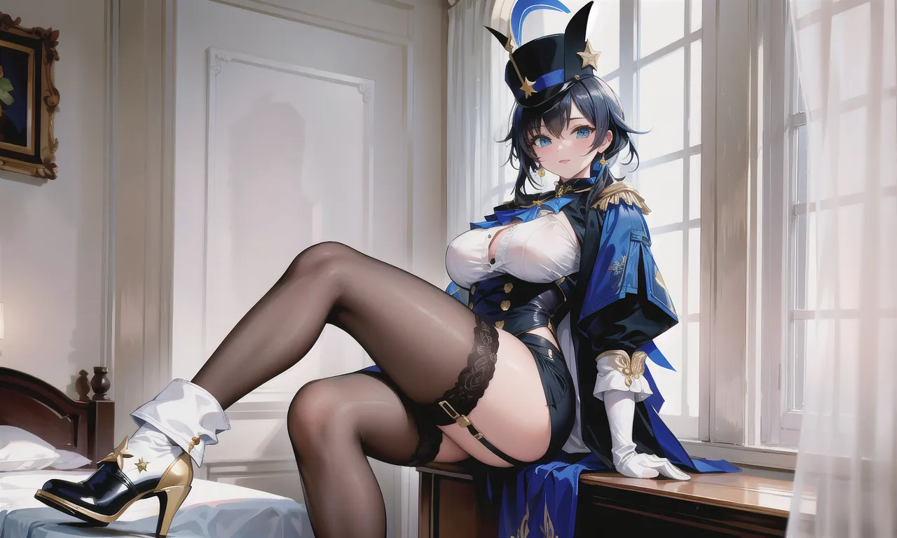 absurd res, high res, (masterpiece:1.4), ultra-detailed, 2girl, from below, space, floating, Chinese dress, blue dress, stockings, black hair, golden eyes, cleavage, focus on cleavage, spreading legs, full body