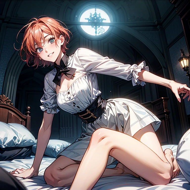 Best god quality, detailed, a dark room with moonlight shining in, confident succubus girl, succubus in long dress, perfect anatomy, She is alone in a room at night, exposed thighs, inside bedroom, she's standing alone in an empty room, inside a bedroom, pointy ears, dark skin, she has red hair, cute, big yellow eyes, looking at camera, red wavy hair, red hair, looking at viewer, cute, adorable, solo, yellow eyes, slender dress, mischievous look, excited expression, smug, (((SOLO))), (girl in middle standing)