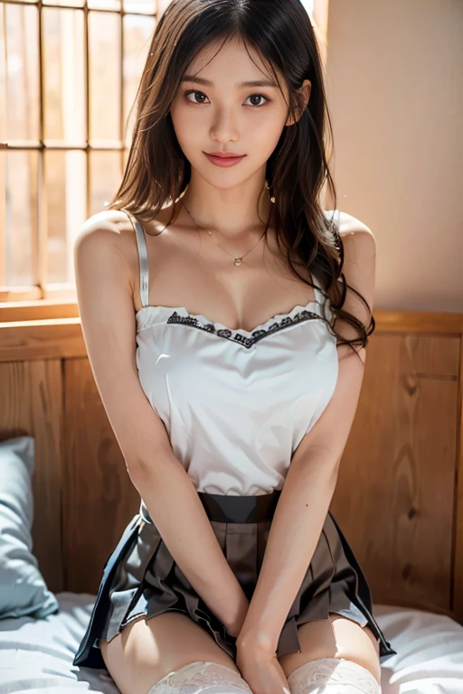 (Best quality: 1.5), (Realistic: 1.5), (1 person: 1.5), full body, Highly detailed, High resolution, 8k, Natural colored lips, Cute smile, Japanese woman, 18 year old girl, Beautiful and graceful features, Perfect and beautiful face, Big eyes, Brunette eyes, Beautiful and graceful features, Natural double eyelids, Natural bangs, Beautiful thin nose, Beautiful skin, Medium bob hair, Short ponytail hair, Natural bangs, Slim face and figure, (Looking at the camera with a relaxed expression), Japanese high school girl, Beautiful collarbone, Looking forward, Sexy pose, Fair skin, Slim, Glowing skin, Beautiful skin, (slightly saggy medium breasts), (High-school uniform), (Low-rise pleated micro mini skirt:1.5), semi-transparent school shirt, (garter belt), (knee-length lace stockings with lace), (Sexy Panties:1.2), (panty shot:1.2), Luxury kitchen, (The best lighting:1.5), Cleavage, (a big ribbon tie on the chest), (a short-sleeved tight shirt),