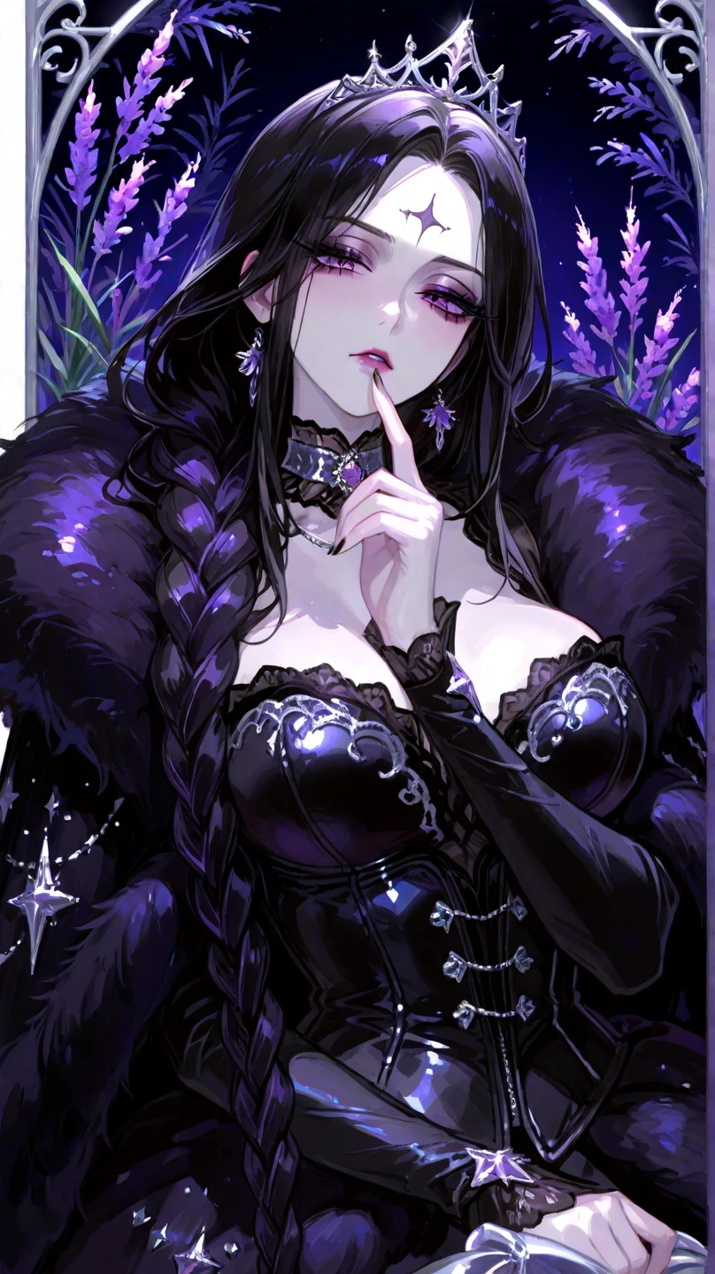 Masterpiece, very detailed, ultra detailed, one, (1 woman), she is in a black closed Gothic dress, and in an elegant position, super mature, tall, milf style, mature mother, super long hair, black hair, super black hair and purple flower on the head, black demonic horns, beautiful, charming, bright purple reptile eyes, reptile purple eyes, super purple eyes, bright eyes, elegant, big breasts (huge), neutral face, cold face, charming, against the background of crosses and coffins, valins.