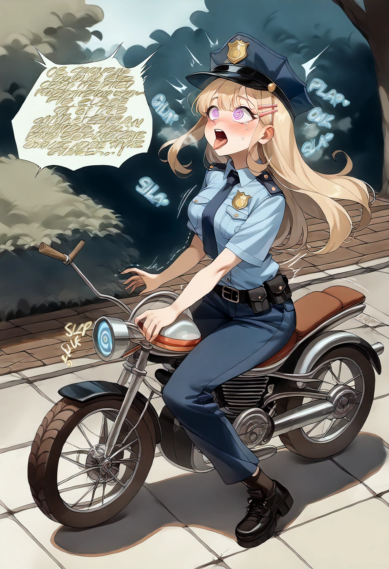 Masterpiece, best quality, Masterpiece, best quality, 1 woman , blue eyes , yellow ponytail , black leather jacket , sly face , smile , bikini , abdomen, big breasts , Long legs , boots , hands on hips , 1 man , Old Man , molest , motorcycle , abandoned factory , at night
