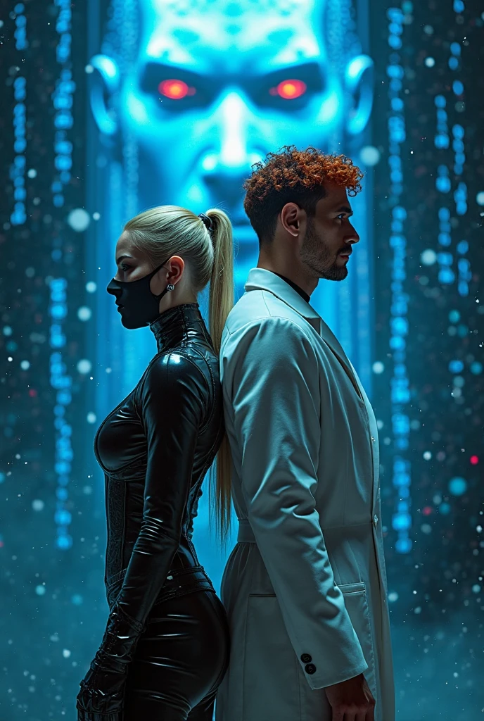 Creer une image de femme très belle vampire avec un masque de ninja au visage en tenue pantalon cuir avec des rondeurs de ninja gothique au cheveux blonds et un jeune homme très beau et costaud de cheveux boucler couleur roux en tenue de scientifiques blanc ils ce met dos-à-dos et un gros visage projetée de robot cybernetique mâle tout en bleue dessus d'eux la salle est pleine de code informatique qui volent tout en bleu