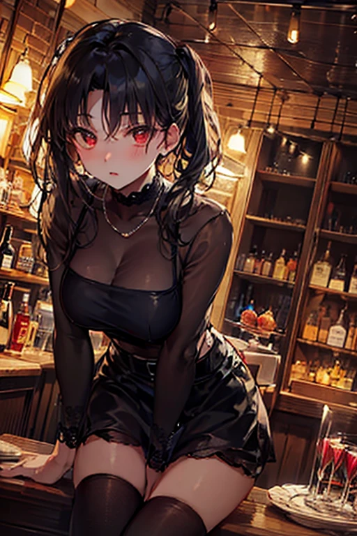(from above:1.1),(from front:0.9), ((Face)), (Close-Up:0.4), masterpiece,"A 22-year-old girl stands at a bar counter,She is dressed in a stylish off-shoulder dress, sweater dress, off-shoulder sweater, red sweater,garter stocking, small breasts:1.5,cleavage:1.1, black shorts, black thighhighs, thigh strap, pretty girl, (highly detailed beautiful face and eyes,firm breasts),real skin,((black,hair,long pony tail hair)),thin pubic hair,cute and lovely pose, detailed eyes, This masterpiece is only visually stunning but also tells,(double breasted:0.6,under bust:0.6),(with sparkling eyes and a contagious smile),open mouth, The bar is beautiful, with colorful bottles of alcohol in the background and a soft glow from neon lights. The atmosphere is relaxed, and the girl looks confident and fashionable.",full body, sexy pose,make a cocktail , in a bar counter, Looking at Viewer,