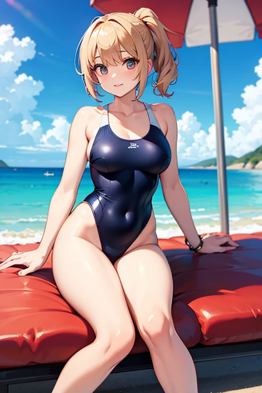 Girl in swimsuit, on the beach, smiling short red hair big breasts and big thighs