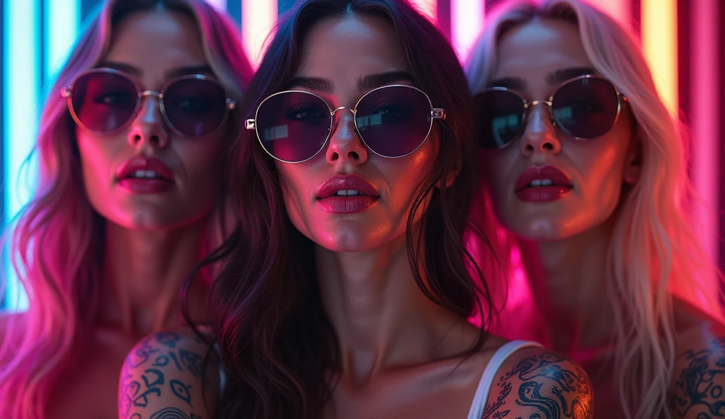 3 sexy blonde woman, they are wearing pink with black bikini swimming suit, blonde with black hair, dark black Sun glasses, long hair, lateral ilumation and from in the swimming pool, background of mansión back yard, armado, inspiration photos 35 mm, they have big red lipstick and Sexy Celebrity possessed