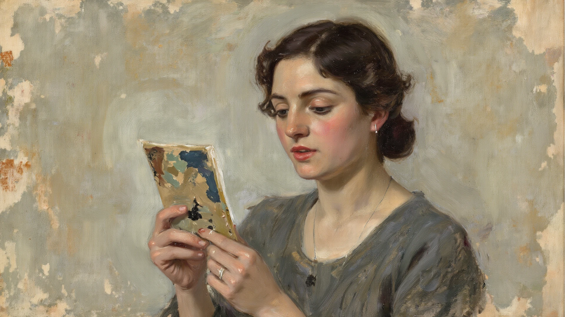 A classical painting of a girl looking at her phone
