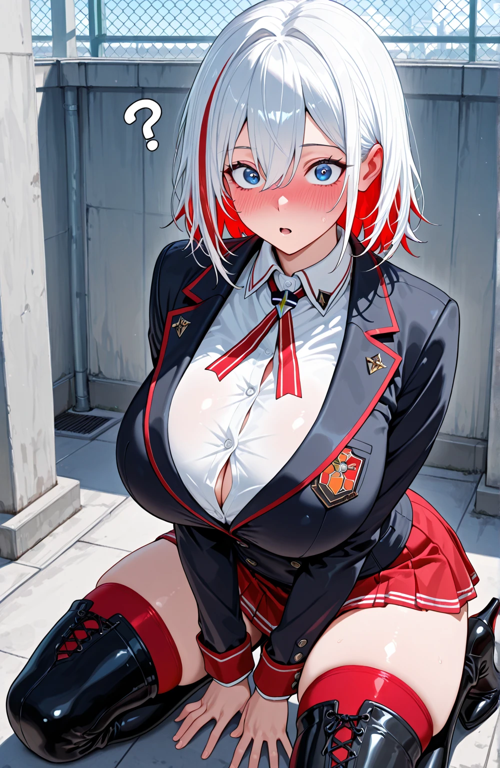 (masterpiece,best quality, detailed), 1girl, solo, indoors, prison, dark, kneeling, handcuffs, from above,
shiraki meiko, striped, midriff, prison clothes, glasses, hair bun,(masterpiece,best quality,detailed),blue sky,clouds,from below,cowboy shot, 1girl,solo,silver hair,shiraki meiko,black thighhighs,plaid skirt,ribbon choker,brown jacket,looking at viewer,glasses,huge breasts,(blush:1.3),(evil grin:1.2), holding teacher's whip,