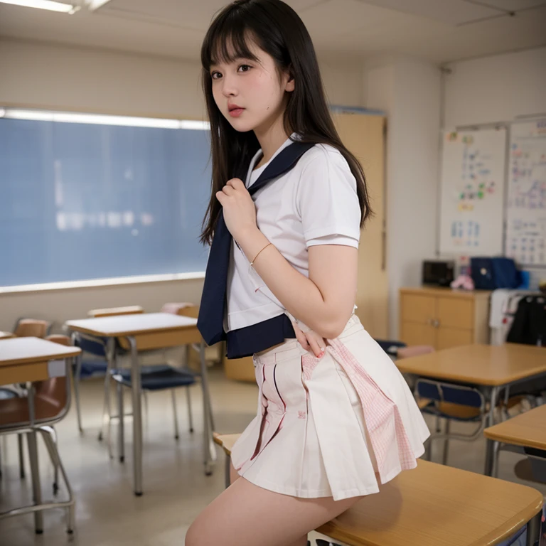 (masterpiece, Highest quality, Highest quality, beautifully、aesthetic), 1 Girl, alone, Very detailed, Most detailed,8K Photo, Realistic, Haruhi_surfing, White long sleeve shirt with blue collar, Micro Mini Skirt,Blue Skirt, Red tie, Yellow ribbon, pretty girl, Spread your legs, Showing white panties,
Looking at the audience, Are standing, A small smile, Huge breasts, From below,classroom,
