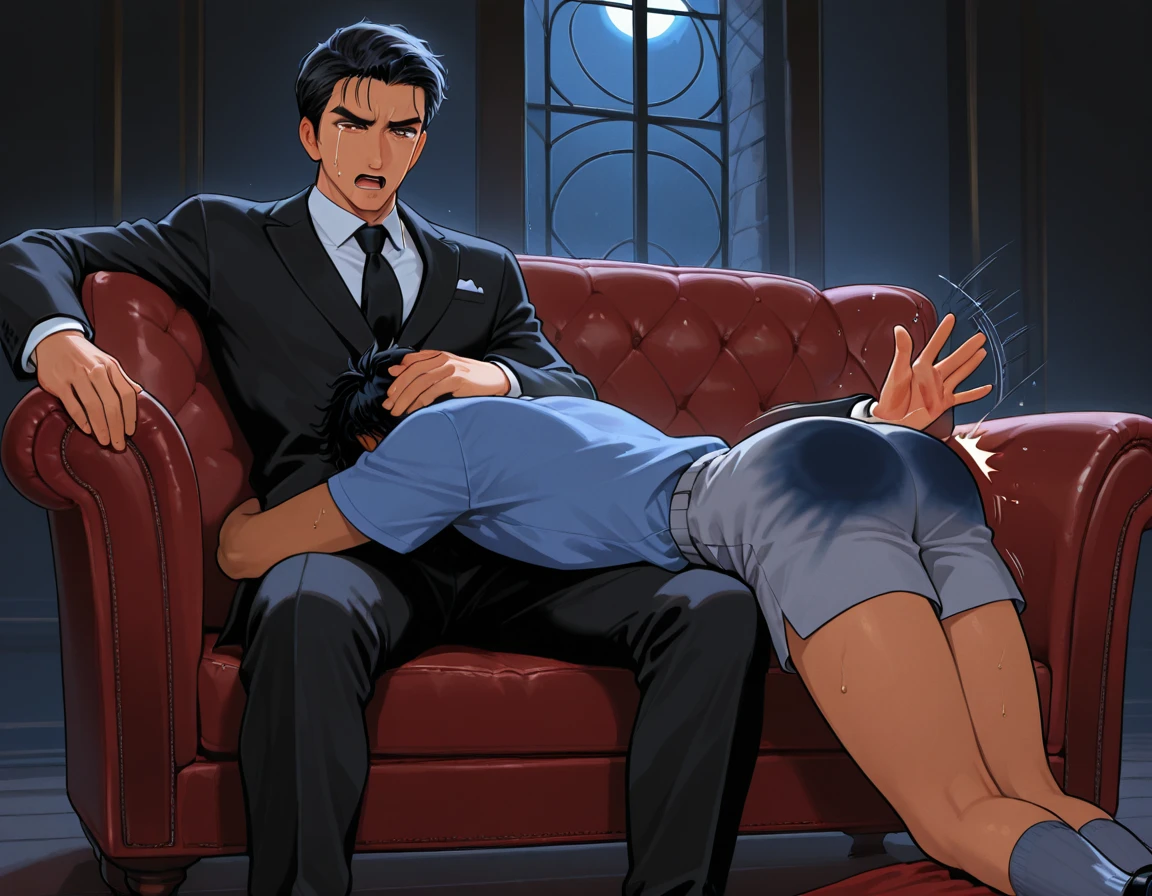 The man in his 45s with black very short hair and smooth face with moustache. The woman in her 45s with brown wavy long hair. The man is wearing an unbuttoned white shirt. The woman is wearing a black garter. Night. Dark. In bedroom. The man is standing. The woman is standinh on her knees and sucks the man's dick. The man is holding the woman's hair. Orgasm. Passion. Erotic. Realistic. Ultra realistic.