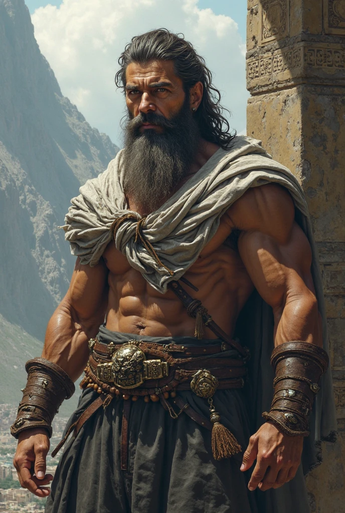 Sculptural Hero, Upper body exposed, The legs are bare from the hips to the feet, A cloak is thrown over his shoulders, Daggers in their hands, Bearded man with beaded hair on his face, lush long curls, Intricate muscularity, photorealistic image, 4k resolution. Background: An epic battlefield with ancient ruins.,32K UHD, Best Quality, Masterpiece, super detaill, High Details