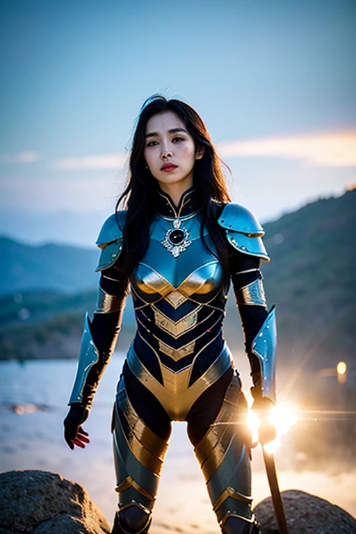 highest quality, masterpiece, realistic, High resolution, 8k RAW写真, 1 girl、bob cut、goddess、has a decorated cane、Swing your sword up、((glamor body:1.3))、(Openwork blue bodysuit with light blue motif、gold edge)、(((action pose)))、(starry sky)、(a lot of lightning in the sky)