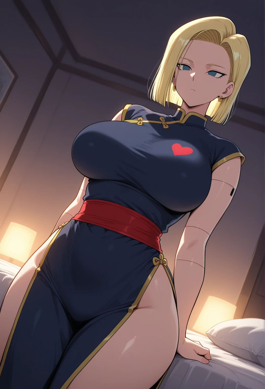 score_9,score_8_up,score_7_up,1girl,hellsing, seras victoria, blonde hair, milf,solo,mature female,looking at viewer,blush,smile,short hair,fangs,blue eyes,cowboy shot,indoors,large breasts,blurry background,plant, lingerie, buttcrack,bedroom, shexyo, ass, top voew, Chinese dress, see through lingerie, on bed, spread legs, spreading legs, red Chinese dress, fishnets, panties