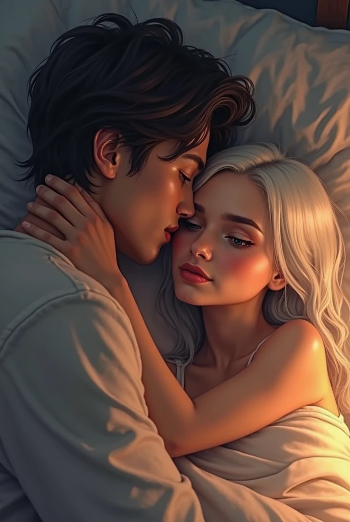 (melhor qualidade), (Super Detalhe), (cabelos desgrenhados), (illustration), (Elizabeti meditating in bed with her husband snoring next door), (Elizabeti meditating at the head of the bed), blond hair, belos olhos fechados, rosto delicado e bonito, floating, (high saturation), (brilhar), foco no rosto, cabelos pretos, franja, sorriso cheio, cabelos flutuantes, (Husband snores next to Elizabeti), pixiv illustration, Qualidade Superior, super detalhado, sorrir, esperto, beautiful face, 4k, Natureza,