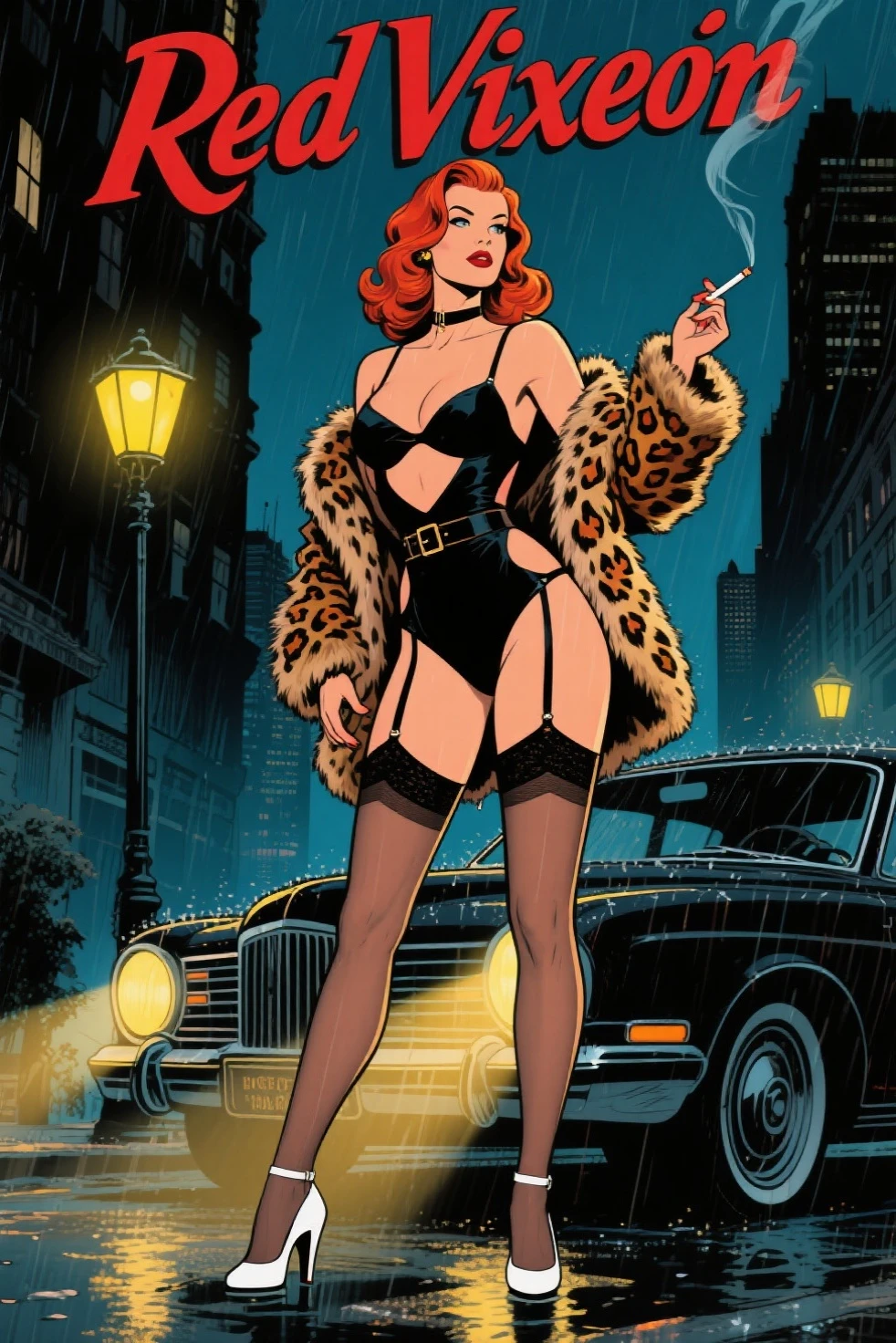 Use this prompt to create an image in the style of 1950s-70s comic book art. Use bold outlines, halftone patterns. Employ intense, saturated colors reminiscent of vintage four-color printing. Maintain a psychedelic, otherworldly atmosphere with swirling, colorful skies and strange celestial bodies. Emphasize the contrast between light and shadow to create a dramatic, pulp sci-fi feel. Create an image of:  a sexy blonde pinup girl, 1950s, fishnet hose, high heels, corset, cleavage, large breasts