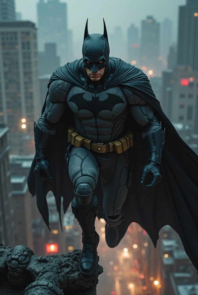 analog, raw, amateur photograph, majestic intricately detailed glamor photograph, (overcast night:1.2), batman standing on a gothic cathedral rooftop, long black cape billowing in the wind, detailed eyes, (hi-tech armored batsuit:1.2), overlooking (a burning Gotham city:1.2), gothic stone architecture, raining,, dynamic angle, professional, soft lighting, smooth, roughness, real life, cinematic film still from the avengers|justice league|man of steel