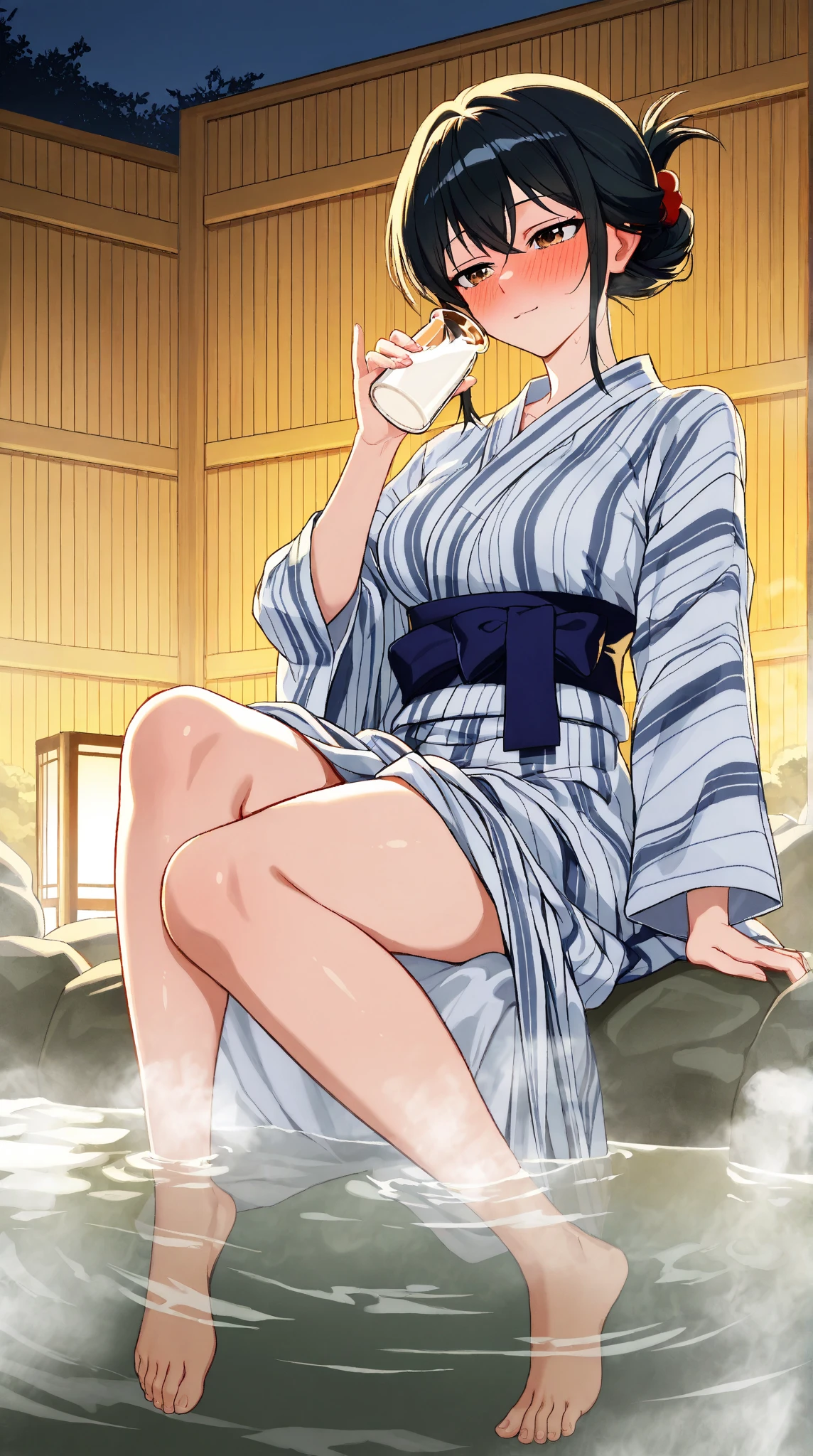 8k, highest quality, （pubic hair beauty）、High resolution, Realistic, real person、Bench in hot spring town at night、I&#39;m drunk on the bench, I close my eyes and fall asleep.、Drunk, her legs are wide open and her underwear is visible.、Yukata at a hot spring inn、beautiful feet、high heels、（clutching a sake bottle）