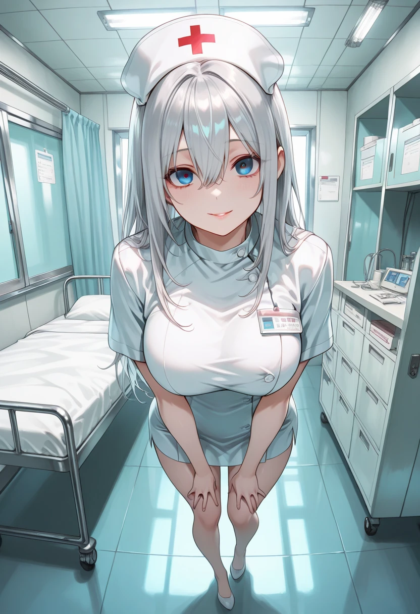 masterpiece,One girl,hospital,Examination room,Gray Hair,Silver Eyes,Beautiful Eyes,long hair,ponytail,Wearing a white coat,naked,Pale skin,slender,Are standing,Small breasts,Small nipples,Embarrassed expression