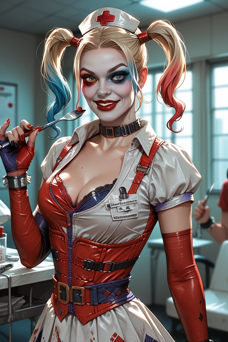 (La mejor calidad,A high resolution,Ultra - detallado,actual),Harley Quinn supergils sexy , (Margot Robbie dressed as Harley Quinn in Suicide Squad all alone) ,(Fondo de ruinas de mazmorra en ruinas:1.4 ), TOP Negro violent ,(Cabello pink +rojo:1.4), MINISKIRT Corto yellow , More detailed 8K.motor irreal:1.4,UHD,La mejor calidad:1.4, fotorrealista:1.4, textura de la piel:1.4, obra maestra:1.8,obra-prima, mejor calidad,objeto Objeto], (detailed face features:1.3),(Las proporciones correctas),(Ojos hermosos azules),  (pose vaquero), (perfect anatomy :1.4 ), ,( ciberpunk 2.1),( Harley Quinn:1.4),( Harley Quinn V2.1), (gothic city background), (colores brillantes:1.4), (Margot Robbie dressed as Harley Quinn in Suicide Squad all alone) 