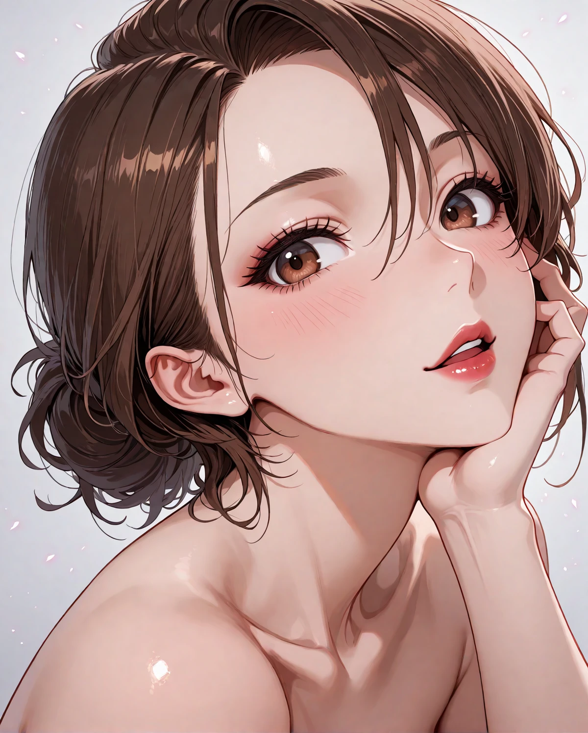 (masterpiece:1.3), (8k, Photorealistic, Raw photo, Best image quality: 1.4), Japanese 、(Random Hairstyles:1.2)、Cleavage:1.2、Super detailed face、Attention to detail、double eyelid、Put your chest together、Sharp focus:1.2、Beautiful woman:1.4、Light brown hair、highest quality、masterpiece、超A high resolution、(Photorealistic:1.4)、Highly detailed and professionally lit smile、Loose, lightweight knitwear、Shoulders out、thin、Serious expression、Short-haired、Deadly position