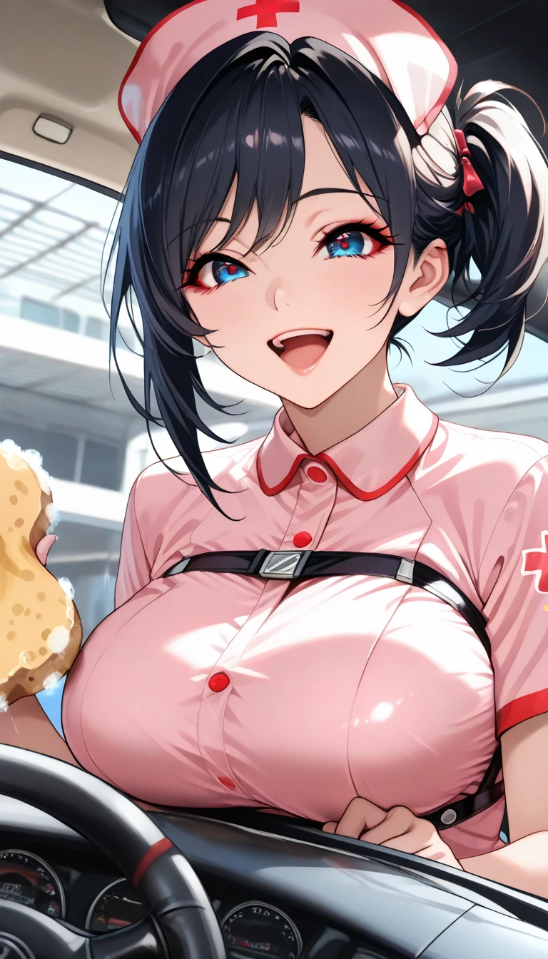 Taimanin Asagi、Asagi Igawa、Black Hair、Green Eyes、Updo Hair、Huge breasts、nurse、smile、Hospital room、skirt、Open neck、The chest is open、Blowjob、、Bukkake、semen
