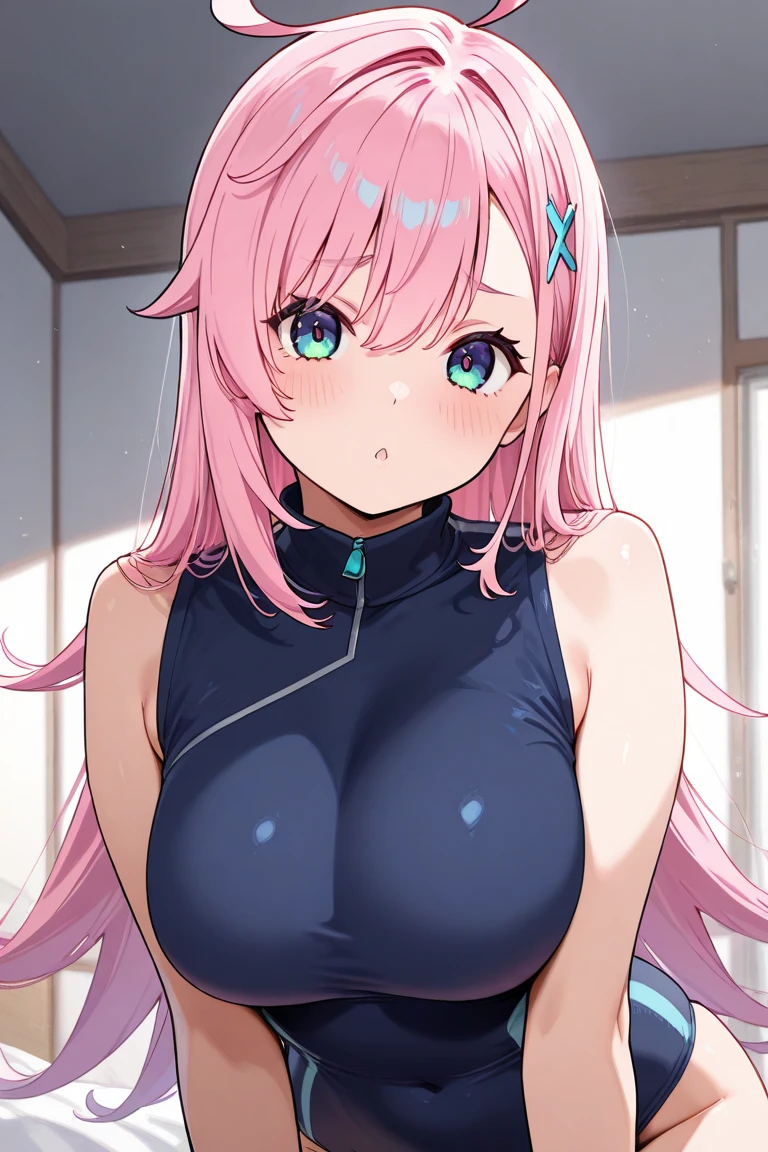 (masterpiece、Highest quality、Super detailed)、((One girl))、((Pink Hair))、((Twin tails))、((Light blue eyes))、smile、((lots of piercings))、((Very large breasts))、((virgin killer sweater))、No sleeve、belly button、string panties、thighhighs、Cowboy Shot、Bedroom Background