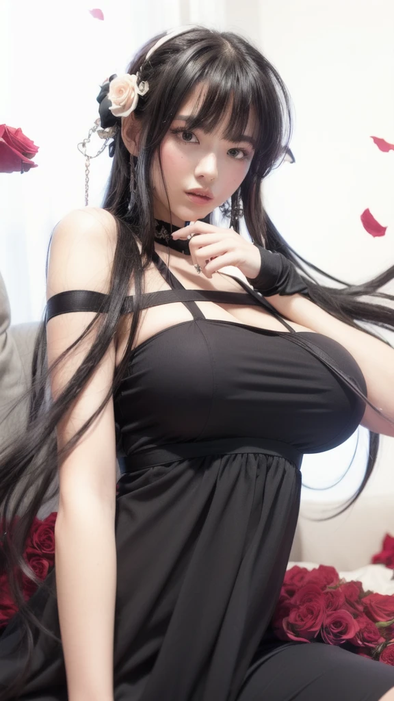 masterpiece, hinata\(boruto\), 1girl, mature women, (((pink floral satin kimono with spaghetti strap top))), (((Close-up photo))), (((selfie))), (((Cleavage))), (((Bare shoulders))), (((big breasts))), (((big round breasts))), (((round breasts))), (((extremely heavy breasts))), (((Colossal tits))), (((heavy breasts))), (((Giant breasts))), (((plump breasts))), (((perfect breasts))), (((necklace))), (shy face), detailed lips, beautiful face, blush, (pink lips), (((long hair))), white eyes, gentle gaze, smile, super realistic, detailed, realistic face and body, realistic hair, realistic eyes, realistic nose, realistic lips, seductive pose, (((straight bangs))), (dark blue hair), 28 year old girl