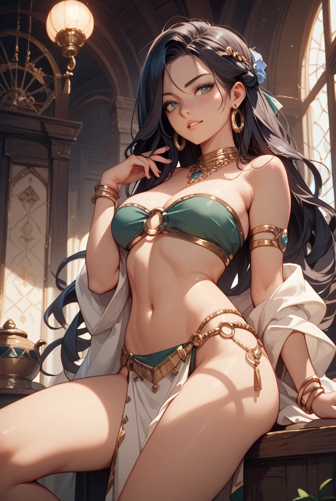​masterpiece, top-quality,  Detailed details, Detailed landscapes, beatiful lights, Beautiful Shadows, Female sexy, ((belly dancer)),28 year old,large full breasts、Black eyes,Mischievous smile, A wistful look,eye liner,Long hair,bangle,a choker,piercings, Navel Ejection,Kneeling、model poses,detailed skin textures,((Classic Theater))、(Arabian Night)、 Tyndall effect