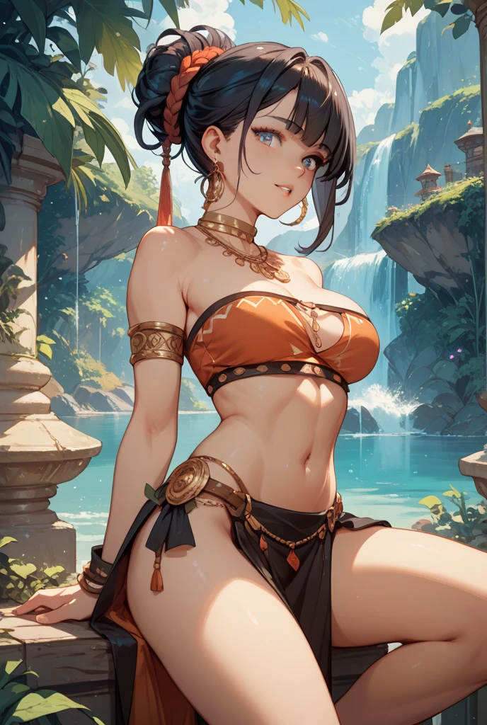score_9, score_8_up, score_7_up, score_6_up, score_5_up, score_4_up, source_anime, nari, black eyes, black hair, slightly disheveled short ponytail, masterpiece, best quality, ultra-detailed, higres, 1girl, solo, young sexy girl, beautiful and perfect face, pretty face, beautiful girls, detailed eyes, detailed eyelashes, looking at viewer, street fashion, full body, squatting, masterpiece, best quality, 8k, detailed skin texture, detailed cloth texture, beautiful detailed face, intricate details, ultra detailed, natural breasts
