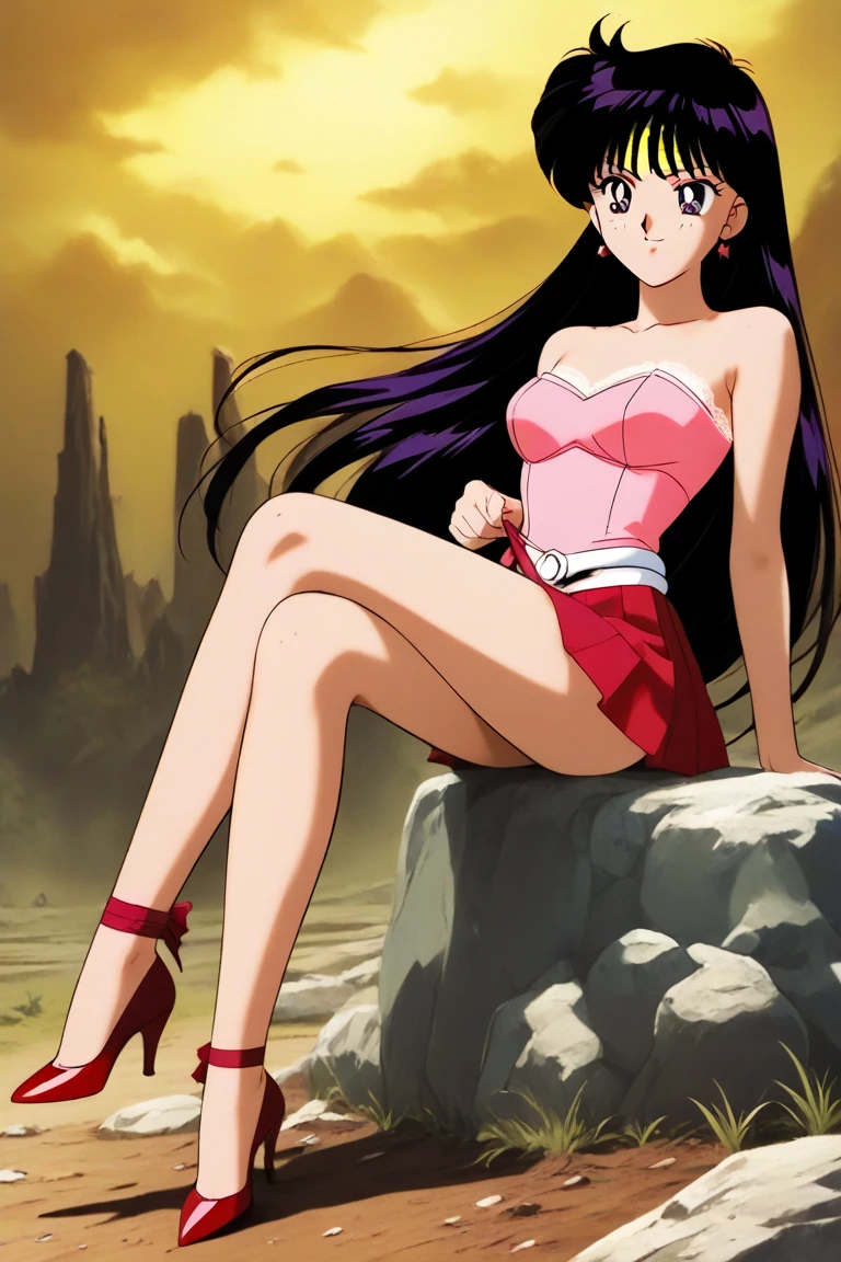 mano youko, mamono hunter youko, 1girl, solo, torn clothes, torn legwear, 1980s \(style\), full body, sitting <lora:90sv3.0R:0.6>