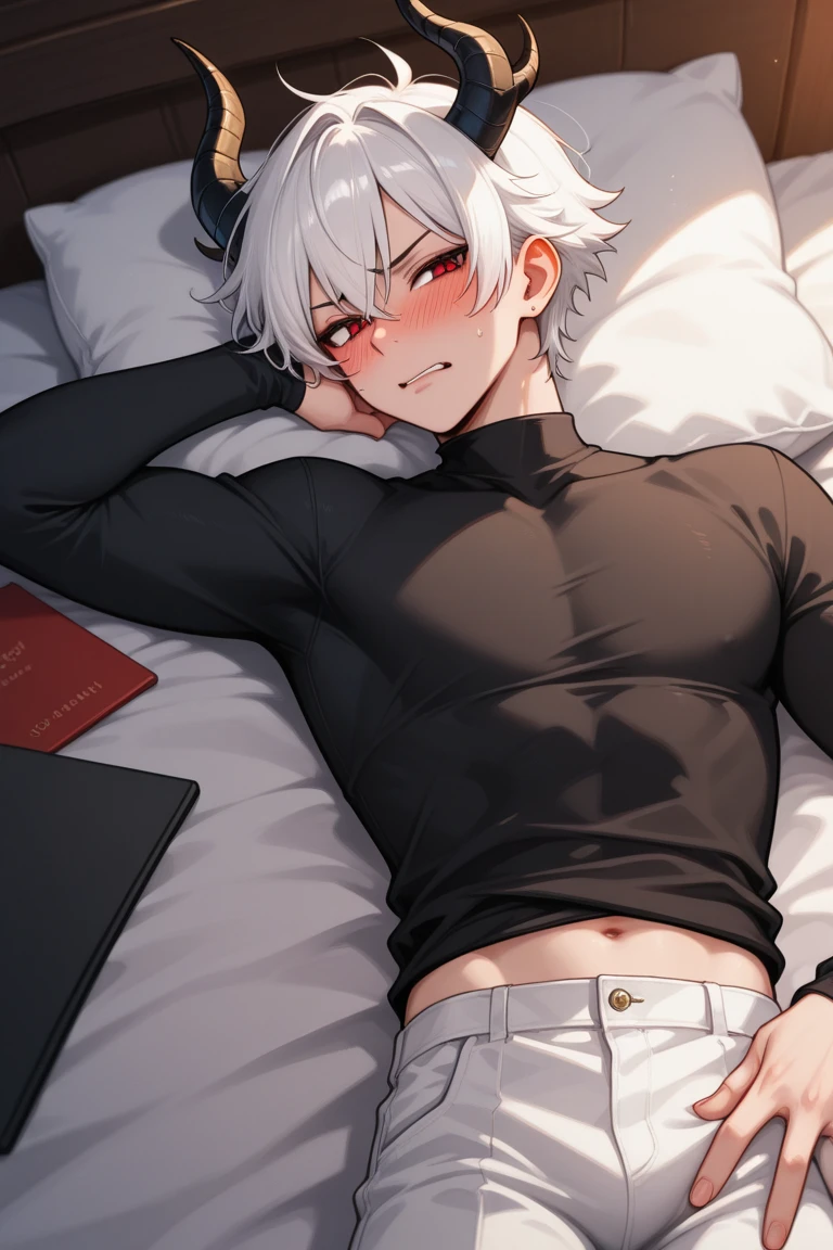 Solo, kemono, femboy, orange and white hair, orange and white body, yellow eyes, wear red bow tie, wear black long sleeve shirt, wear black boxer, wear black and white stockings, blushes, look at camera, smile open mouth, laying on bed, playing the phone, window on walls, green meadow outside, green meadow background