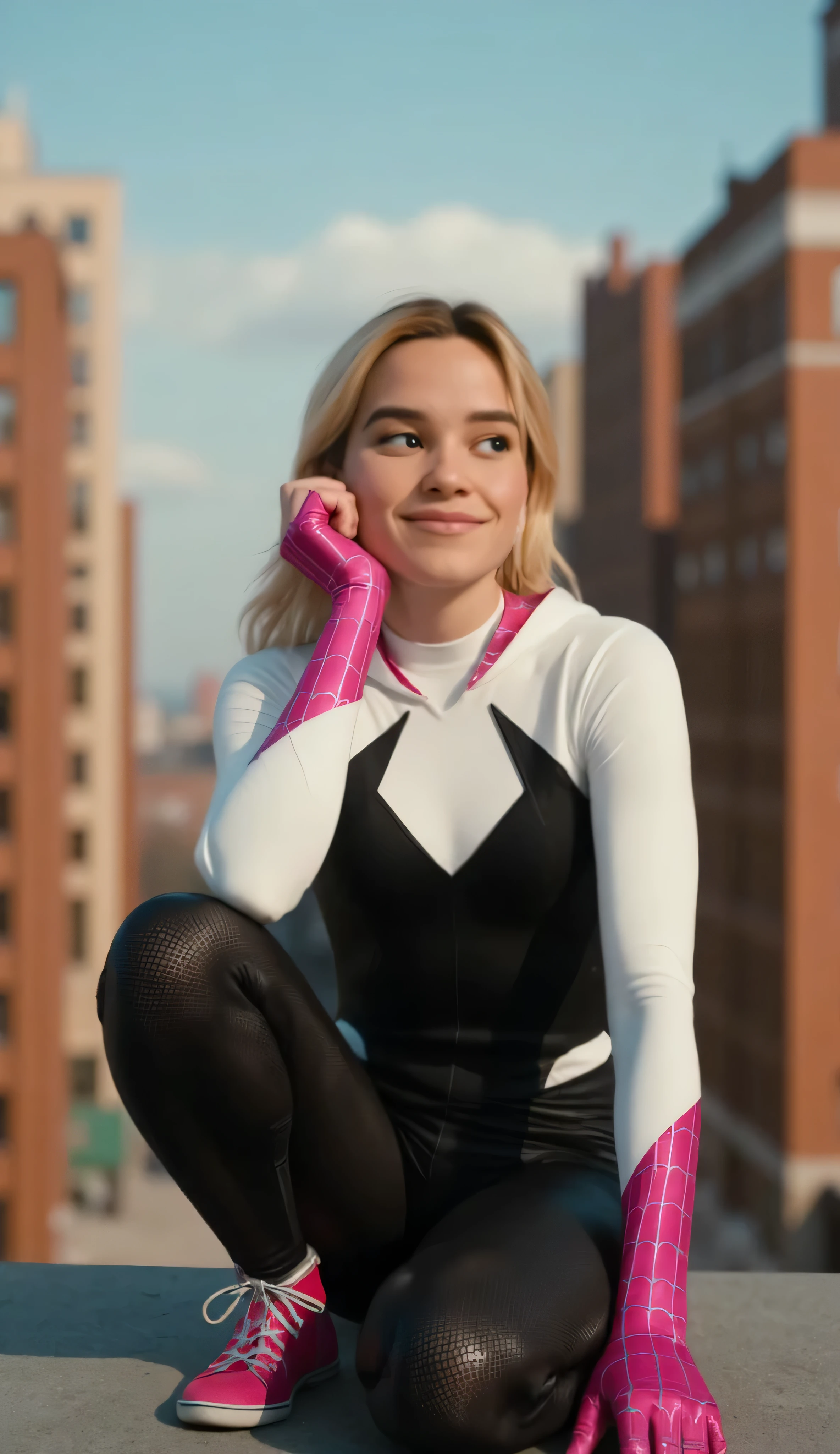 Sarah Catherine Hook as Gwen Stacy, Spider-Gwen, Ghost-Spider, sitting casually, on a rooftop edge, vibrant city, during daytime, white black and pink spider-suit, hood pulled back, revealing her asymmetrical blonde hair with pink tips and a shaved undercut, web-patterned pink gloves, sleek black leggings with a hexagonal texture, relaxed pose, knees bent and arms resting on them, looks slightly to the side, confident and playful expression, warm brick buildings, soft sunlight, clear blue sky, cinematic lighting, wotr_portrait, clean lines, high detail, soft focus