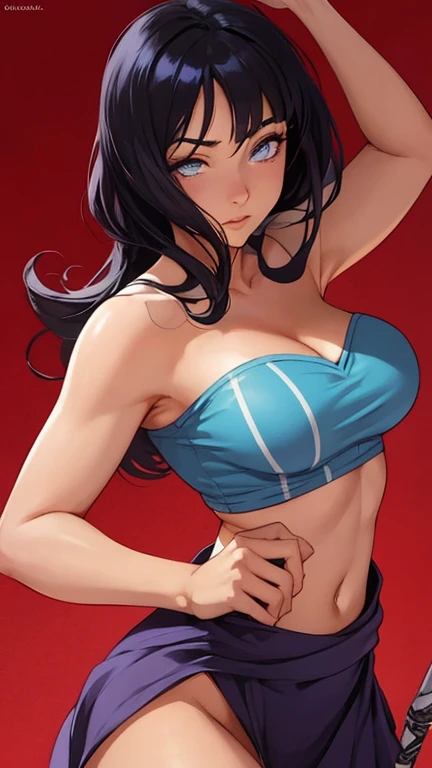 A woman with long hair and a bikini top holds a sword, mai shiranui, kunoichi, ff Tifa, fighting game character, 《king of fighter》role, fox nobushi, Tifa Lockhart, Akali, Katana Zero video game character, portrait of tifa lockhart, tifa lockheart, female anime character, Charming Tifa Lockheart