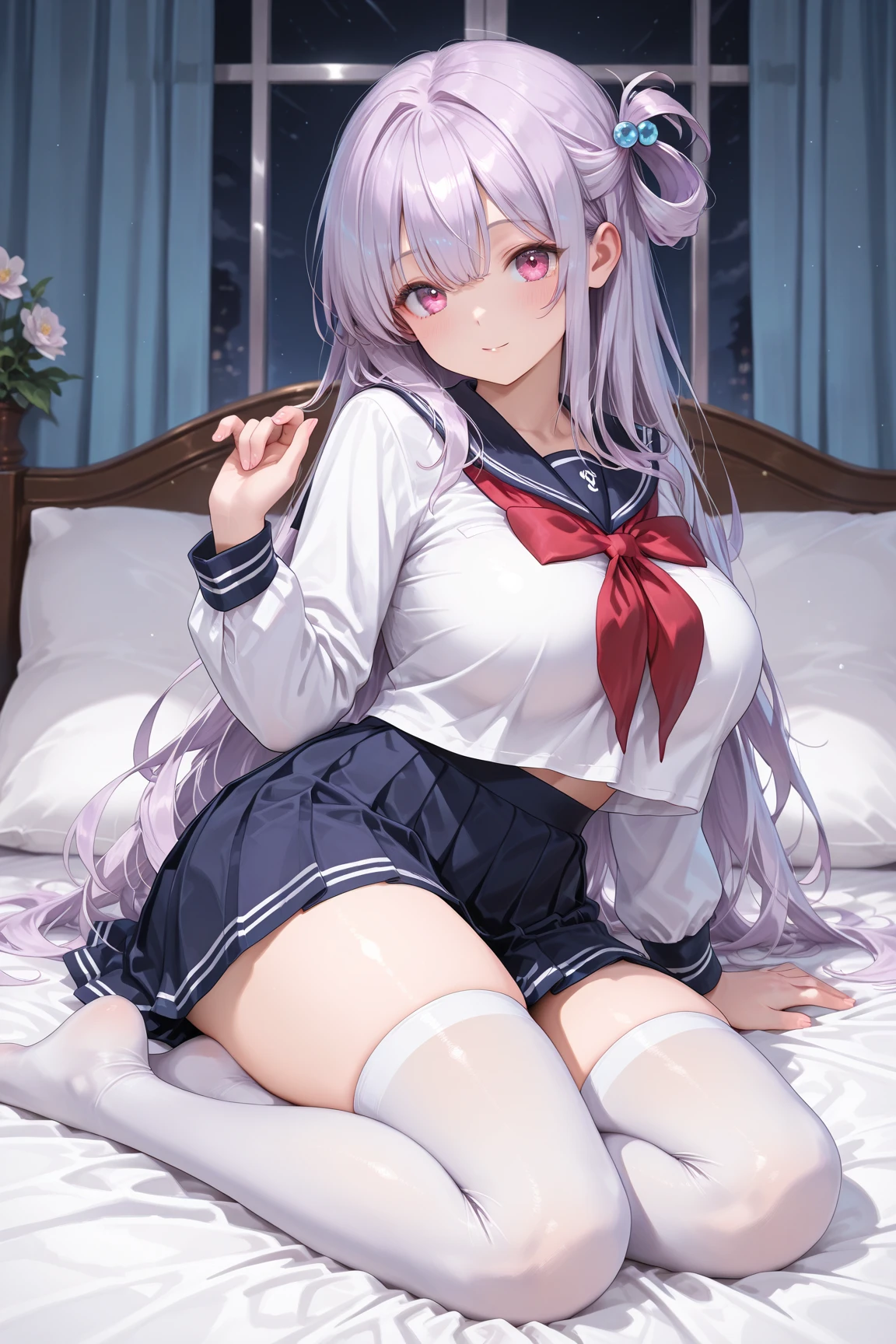 bedroom, (masterpiece), best quality, my foxy girlfriend - fuku, medium breasts, beautiful eyes, white high socks, white fox ears, one white fox tail, round face, white hair, white skin, cute girl, innocent , medium size, teenager, light pink sweater, white thighs high,red tie hidden by sweater, red pink eyes, short back hair, 2 long strands falling on breasts, very short red plaid skirt under the sweater, thick thigh, black japanese school shoes