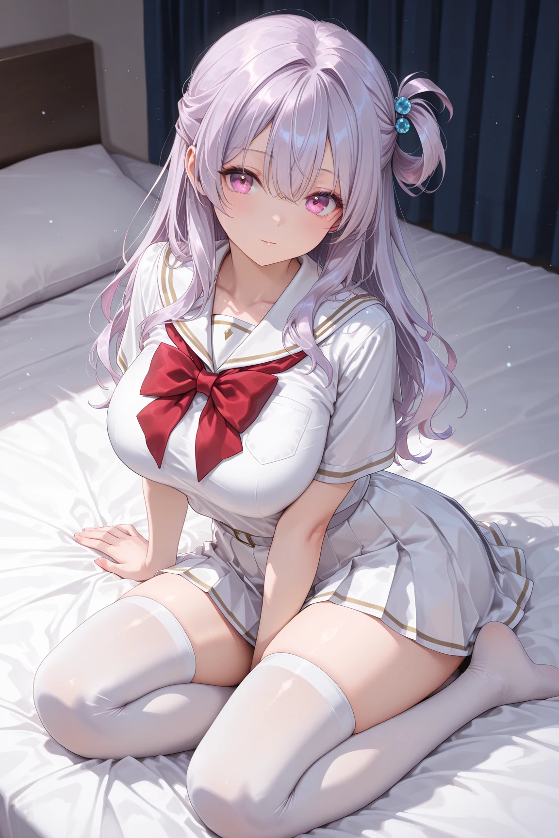 One girl with long hair, white hair, banglue inner hair:1.25) , purple eyes, looking at viewer, blushing, embarrassed, (embarrassed:1.2), nurse, nurse hat, indoor, bedroom, slim, dizzy, mid-chest, wide hips, perfect waist, day atmosphere, hair ornament, bare legs, sitting, kneeling pose