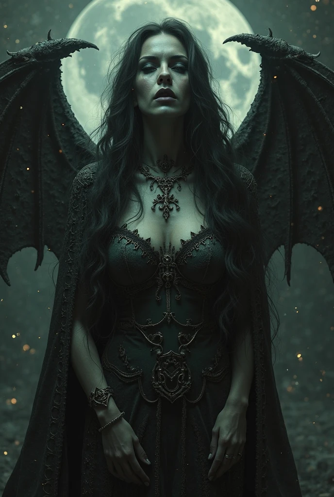 (highest quality、The most masterpiece、best image quality、Award-winning work、8K resolution、professional photography)、very beautiful devil queen、(The most complex and detailed textures:1.2)、slightly pregnant、A bewitching smile staring at me、(Creepy black wings completely covered in hard scales:1.3)、(The black wings of the ugliest monster, completely covered in hard scales.:1.3)、Natural forehead、the deadliest devil'giant princess dress、Final form as a complete demon、Corners with very complex textures、finest jewelry decoration、The most intricate and luxurious huge gothic black dress、bright red lipstick、A complex and solemn black dress of the highest quality、evil and beautiful devil princess、creepy eyeshadow、illuminate the skin、Beautiful skin that shines in ultra-high definition、The most majestic form of the Demon King、(The most luxurious and high quality Great Devil Tiara:1.05)、(The most luxurious and finest Great Devil Necklace:1.05)、Accurately reproduce the details of the perfect devil、An unimaginably gorgeous demon princess、Complex medieval European castle in the background、The most intricate and detailed castle appearance、The perfect castle、vast wide background、beautiful clouds、great movie lighting、(One large lightning bolt flashes in the sky:1.3)、(eerie and scary stormy night:1.1)、(very heavy rain:1.3)、beautiful wavy hair、the most luxurious and intricate dresses、upper body photo、accurate anatomy、(spectacular natural views:1.1)