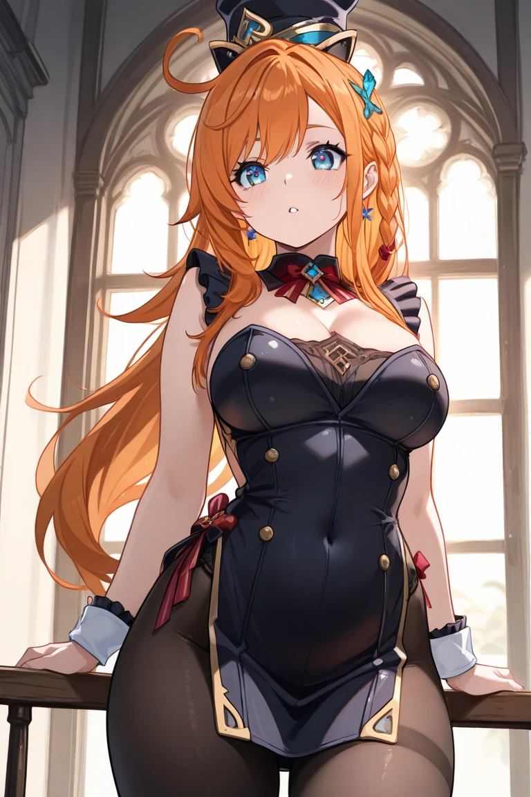 ((masterpiece)), ((best quality)), (ultra-detailed), ((cinematic light)), ((extremely detailed)), (8K), 1 girl, solo, 20 years old, (long braided ginger hair), parted bangs, detailed blue eyes, black dress, huge breasts, upper body, (starry night), ((medieval city with church in the background)), detailed background
