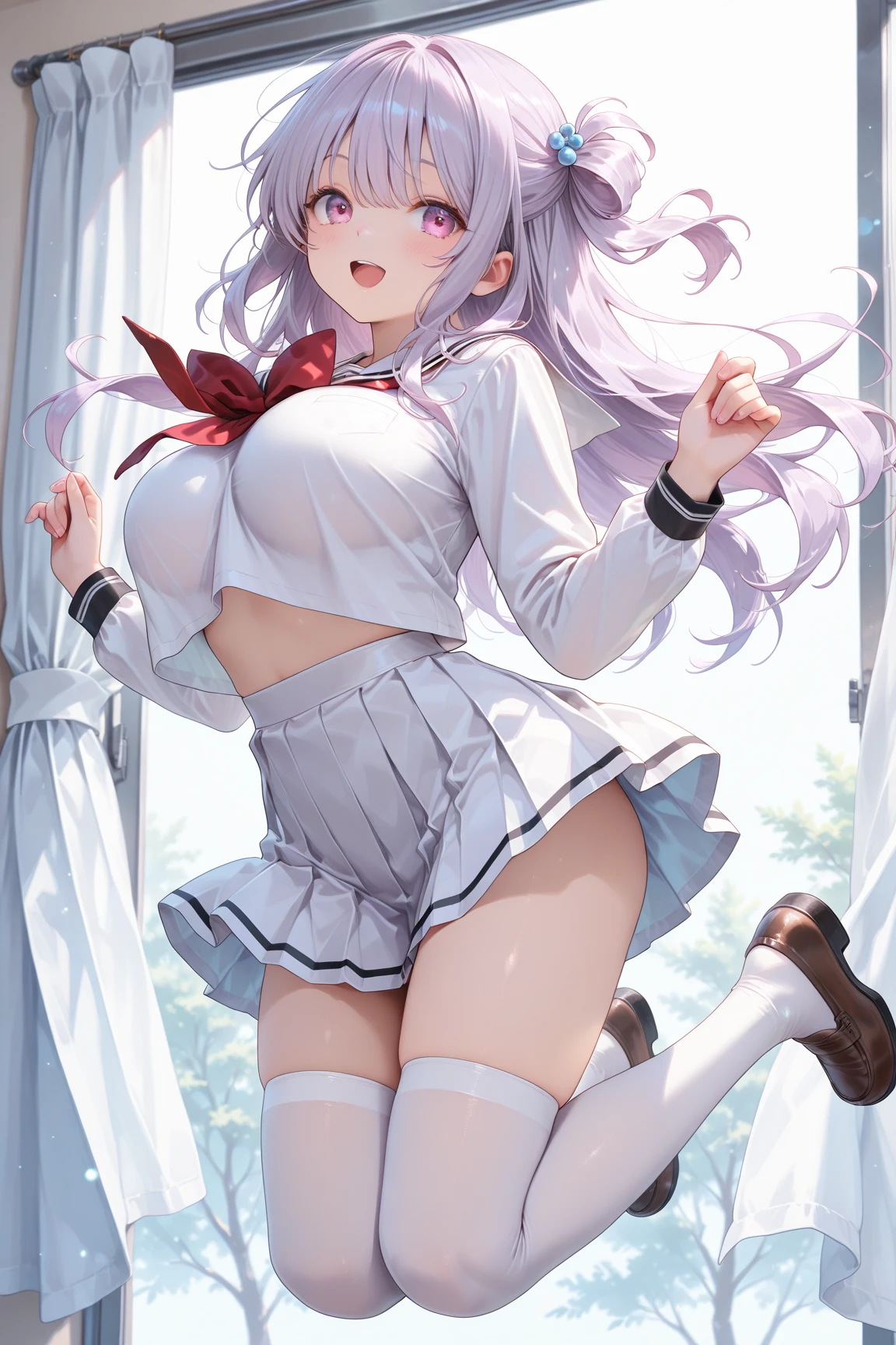 The woman has long white hair down to her waist, wears a cute pink hat, wears pink casual clothes and wears a fairly small skirt with white socks covering her legs up to her thighs. She is pregnant and doesn't show her navel.