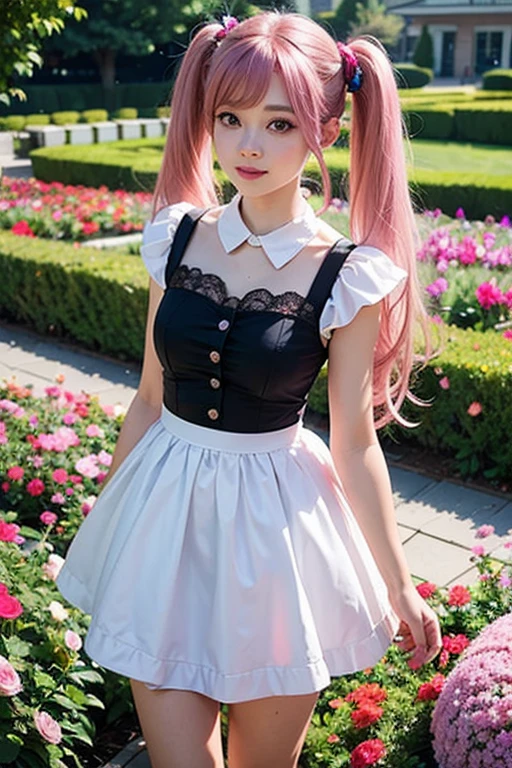 sexy stylish Swedish model, only 1 female, ((doll-like appearance)), long neon pink stylish hair, ((shiny Punk-Style boots)), (big smile), ultra detailed eyes, Punk makeup, lipgloss, long lashes, defined eyebrows, ((sexy Punk Lolita cosplay)), unconventional skirt, petticoats, high neckline, ((ultra detailed lace)), ((ultra detailed embroidery)), intricate details, tartan patterns, safety pins, Punk Lolita accessoires, Punk Lolita choker, ((large sparkling Punk Lolita jewelry)), cinematic light, detailed large park background with trees