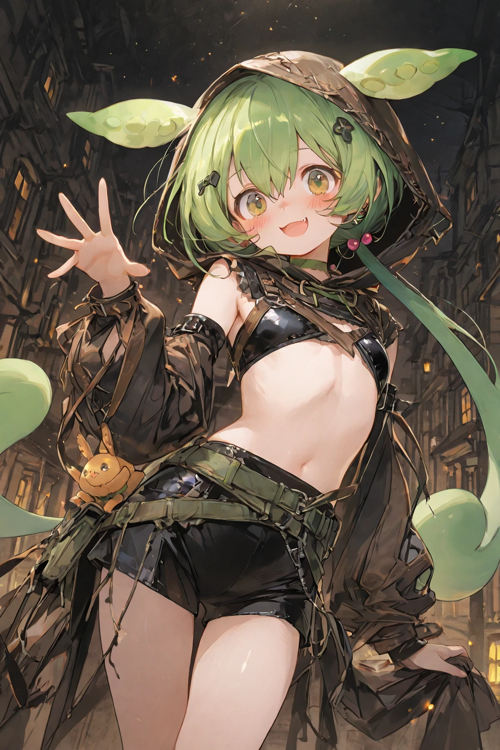 1girl, (solo:1.2), ((masterpiece)), slim, small chest, pale skin, ((detailed eyes)), (bokeh effect), green hair, colleidef, purple hair, hands on hips