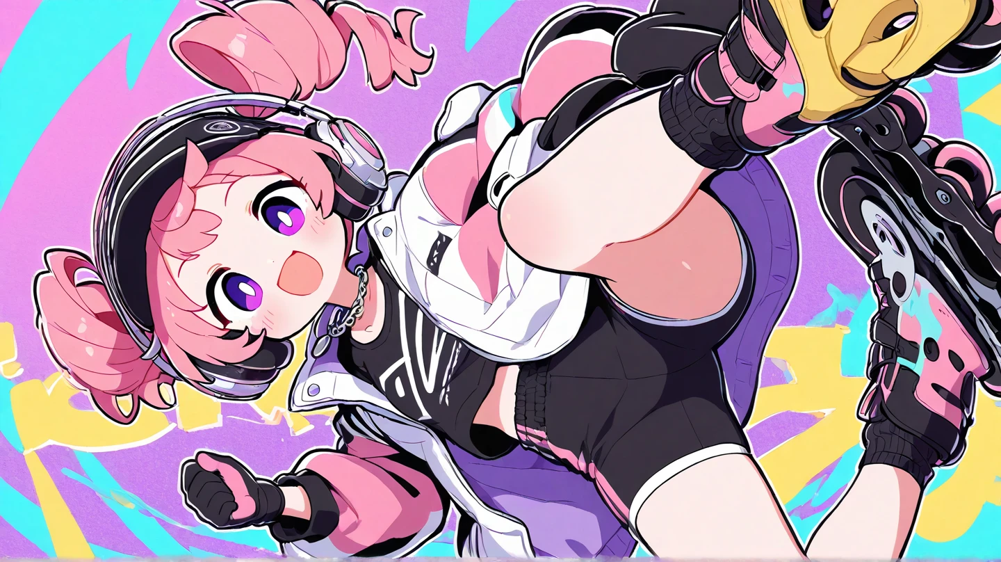 by yoneyama mai, 1girl, solo, multicolored hair, long hair, white shorts, shoes, shorts, thighhighs, blue hair, pink hair, gradient hair, detached sleeves, two-tone hair, see-through sleeves, purple hair, bandaid, grey background, pink eyes, armpits, simple background, looking at viewer, cd, sneakers, see-through, bandaid on leg, bangs, arms up, colored inner hair, white thighhighs, short shorts, long sleeves