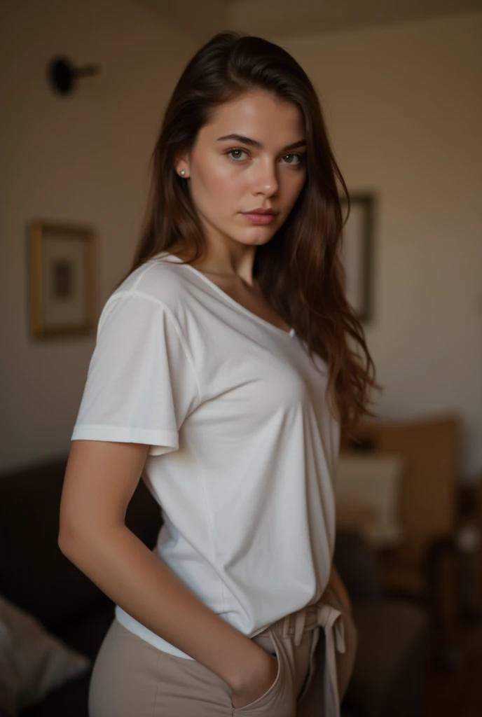 (photorealism: 1.2) I want a young woman of 20 years old, dark blue eyes, round and beautiful 1.2 breasts, who has a very beautiful defined face, who has Turkish features, brown hair, 1.74, long legs, thin and athletic and slender build, who is standing in a provocative pose, wearing a white XL t-shirt, without pants (4k), (high resolution) (HD image)