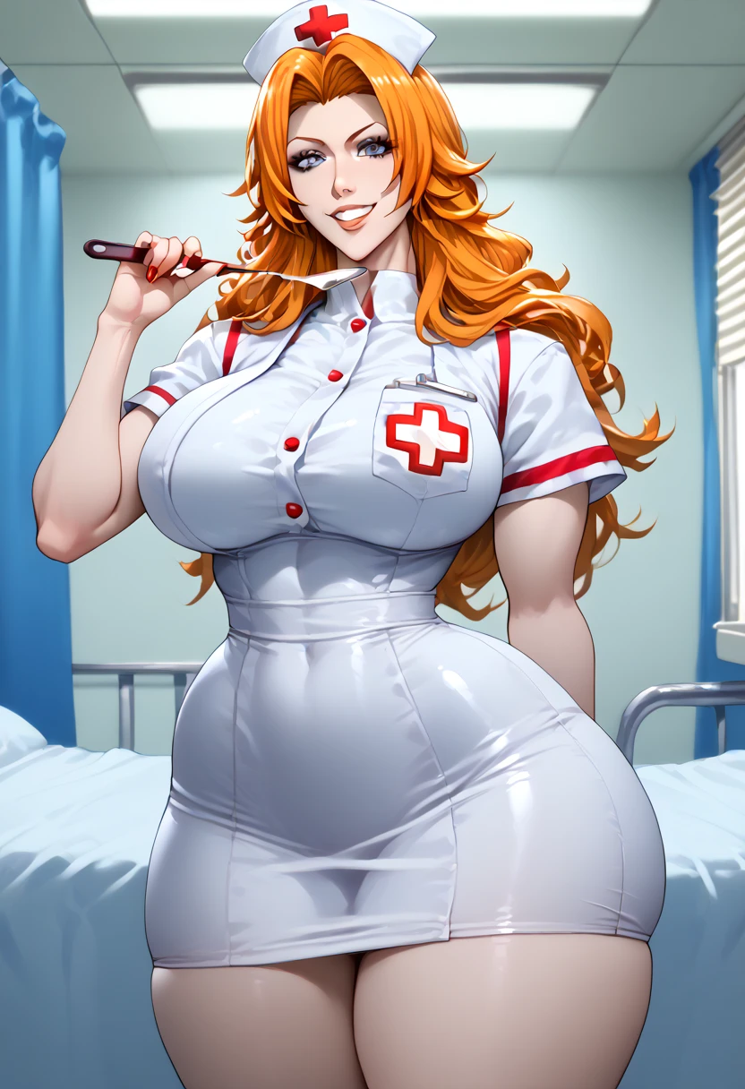 (Beautiful nurse), Sophie Turner, voluptuous, smile, long ginger hair, (white nurse uniform), curvy body, big body, (big breasts), cleavage, ((masterpiece)) , (high detail), digitalart, sitting on desk, with legs crossed, 8k uhd wallpaper, sharp Focus, profile, visible from back, comic artwork, 2D
