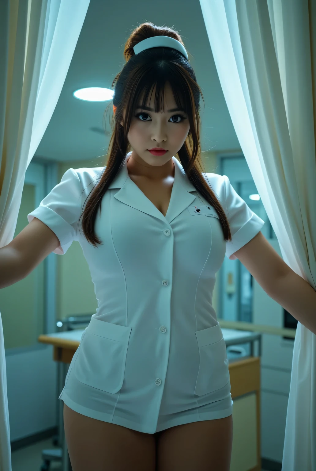 (Nurse skirt uniform), thighs wearing pantyhose.
Glamorous body, big breasts.
Fascinating hospital room.
Moment the curtains are opened.
Super beautiful Japanese woman, villainess, evil nurse, looks like a intimidating dominatrix, closed mouth, condescending gaze, staring at the viewer, makeup, eyeshadows, eyeliners, long false eyelashes, light red lips, short high ponytail, flashy highlights hair.
Best quality, masterpiece.