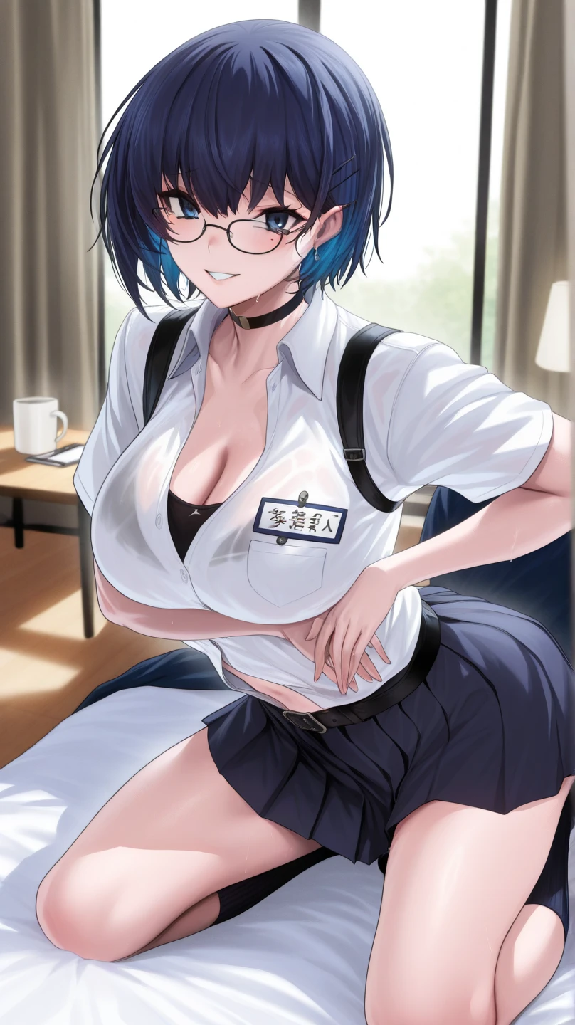 best quality, masterpiece, <lora:franziska_von_karma-10:0.8>,franziskavkarma, solo, 1girl, office lady, semi-rimless eyewear, angry, from below, whip, holding weapon,