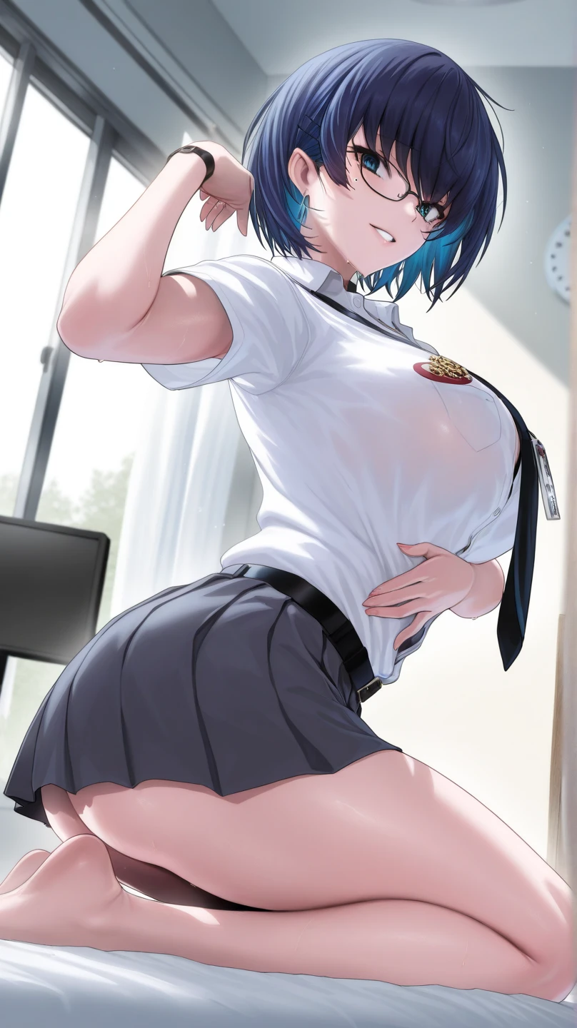 アニメ,Perfect Anatomy,Suguha Kirigaya,1female,crossed eyes,(rolling eyes),open mouth,(tongue out),(crying),underboob,(highleg),((micro skirt)),short hair,large breasts,(slim body)